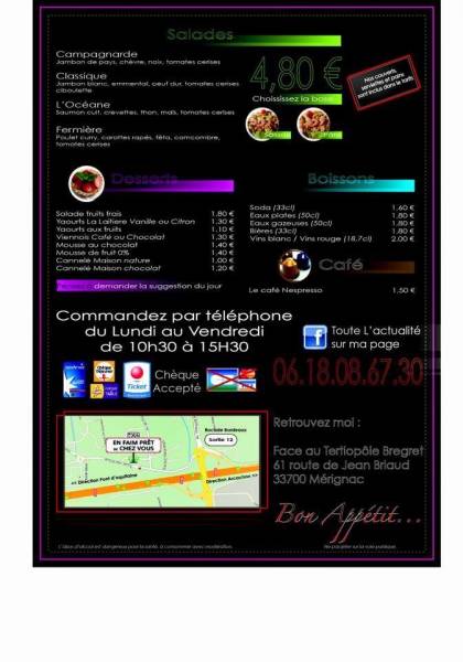 La carte du Food truck le midi à Mérignac